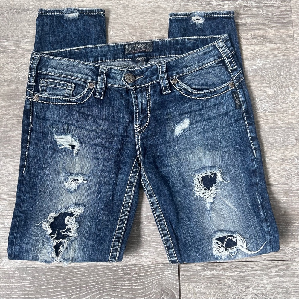 Y2K Silver Camden Rose Distressed Women’s Jeans Size W 32/ L 31 White Stitch